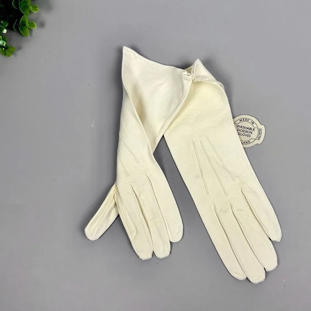 New Vintage White Gloves Washable Doeskin Leather Trimingham Bros sz 7,5 England